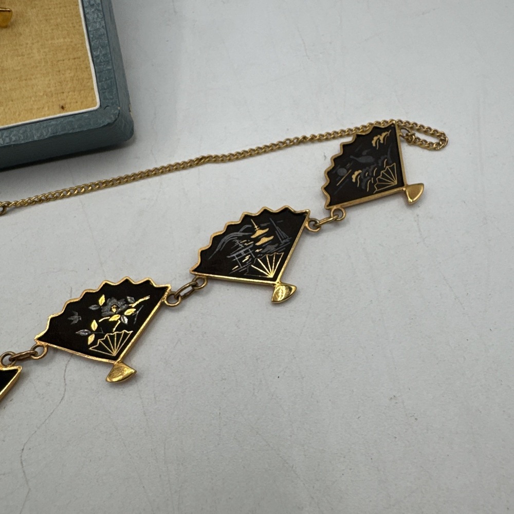 Vintage Japanese Amita Damascene Necklace & Earrings Set 24k Gold Inlay W/ Box - Picture 3 of 9